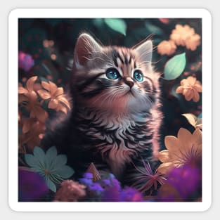 Cute Kitten Floral Background | White, grey and red cat with blue eyes | Digital art Sticker Sticker